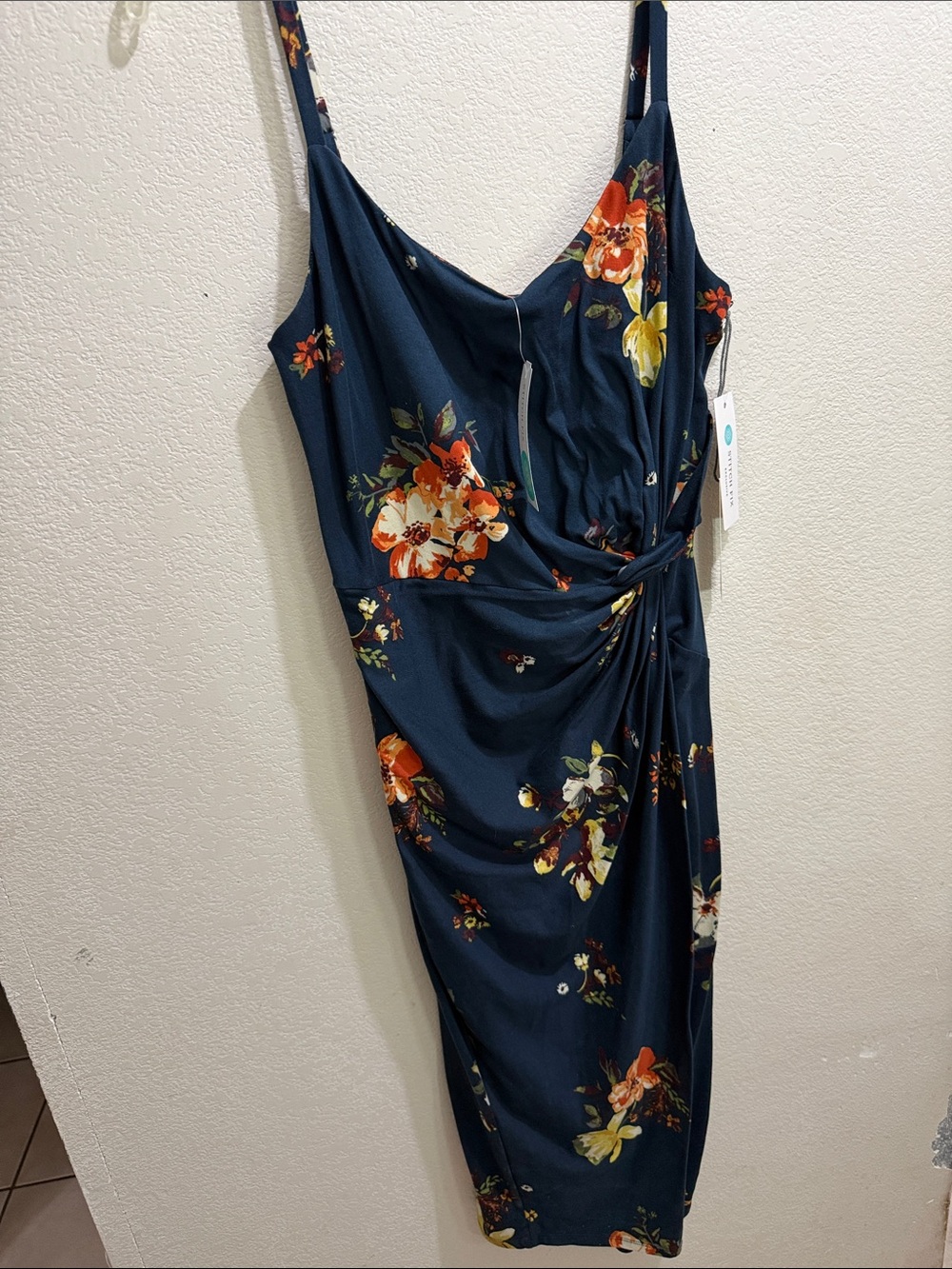 Navy Floral Twist-Waist Midi Slip Dress
